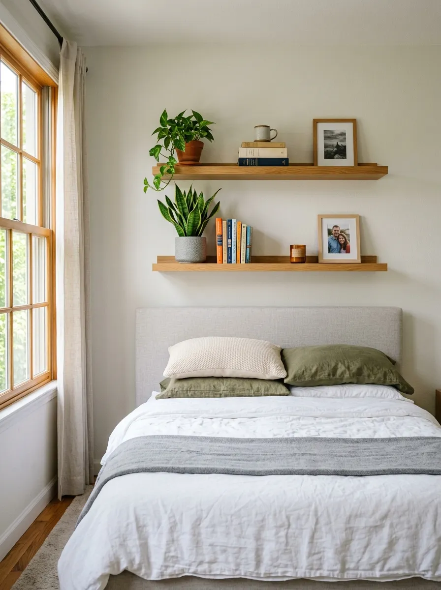 Real-life photography of an apartment bedroom wall, two wooden floating shelves neatly arranged above a bed headboard, displaying small potted plants, stacked books, and a framed photo, beautifully arranged decor, clean and organized styling, bright natural light from a side window, vibrant green plants against a soft neutral wall, shot like an authentic home interior photograph, no illustration, no 3D render, cozy and tidy atmosphere.