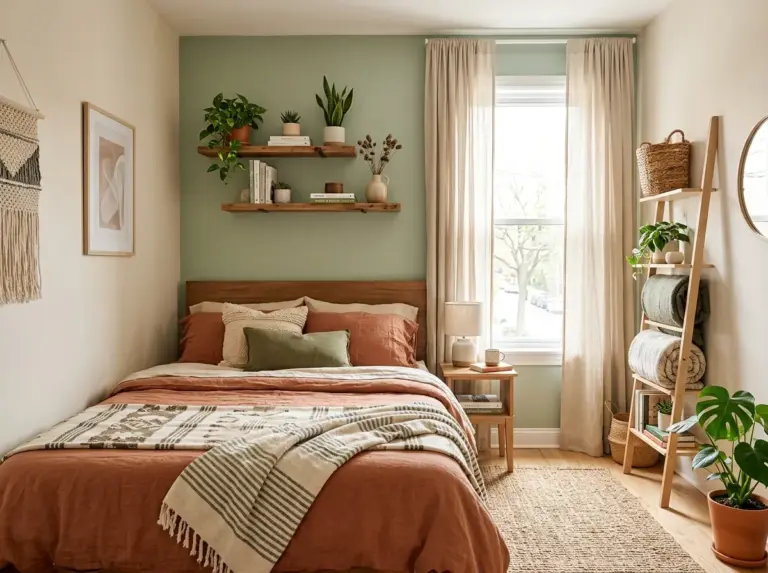 Real-life photography of a small apartment bedroom captured in a wide angle, neatly made bed with layered linen bedding, floating wooden shelves above the headboard holding small plants and books, a slim ladder shelf leaning in the corner, soft linen curtains hung high letting in bright natural light, clean and organized room with beautifully arranged decor throughout, vibrant sage green and terracotta accent tones against soft neutral walls, cozy rug on the floor, authentic home interior photography shot on DSLR camera, high resolution, no illustration, no 3D render, warm inviting Pinterest-ready atmosphere.