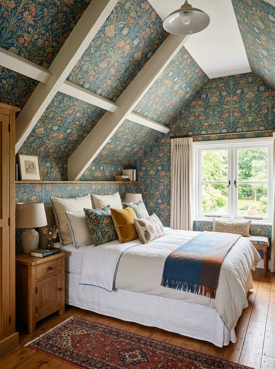 Real-life photo of an attic bedroom with patterned wallpaper on the sloped ceiling walls, neatly made bed with beautifully arranged pillows below, bright natural light through a window, clean organized styling, vibrant wallpaper pattern colors, photorealistic interior photography, no people.
