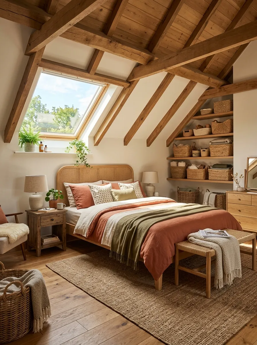 Real-life photo of an attic bedroom with a rattan headboard, jute rug on wooden floor, neatly arranged woven storage baskets, sloped ceiling beams, bright natural light, clean organized styling, vibrant warm natural tones, photorealistic interior photography, no people.