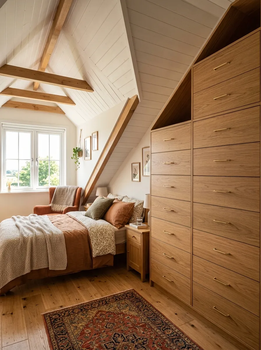 Real-life photo of an attic bedroom with built-in wooden storage drawers fitted under a sloped ceiling, neatly organized and clean, folded clothes and baskets beautifully arranged, bright natural light from a side window, warm vibrant colors, photorealistic home interior photography, no people.