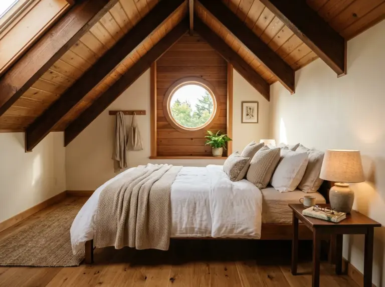 Real-life photograph of a cozy finished attic bedroom with sloped wooden ceiling beams, a neatly made bed with soft white and beige bedding, a small round window letting in bright natural light, warm wooden floor, minimal decor, beautifully arranged throw pillows and a folded blanket, organized nightstand with a small lamp and a book, clean and tidy space, vibrant warm color tones, shot in soft afternoon sunlight, photorealistic, Pinterest-style home interior photography, no people.