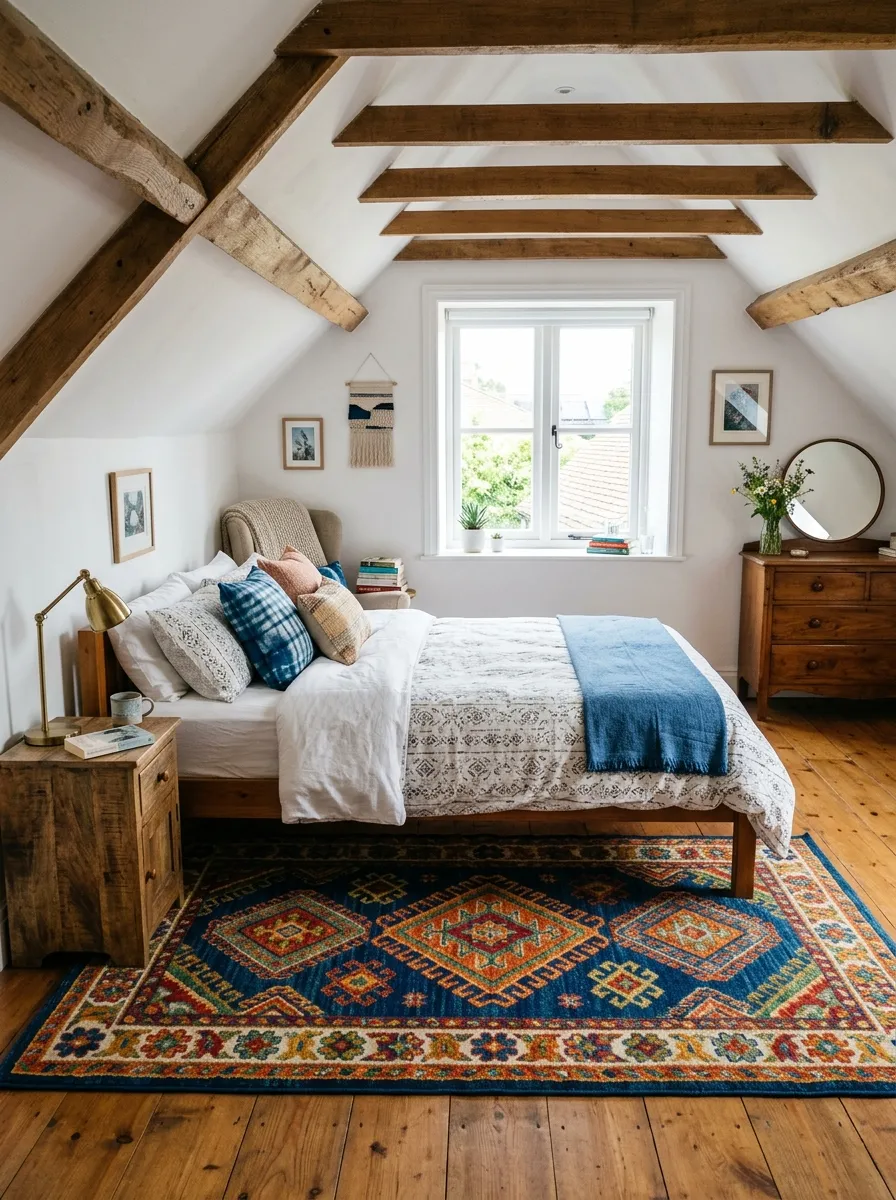 Real-life photo of an attic bedroom with a bold patterned rug on a wooden floor beneath a neatly made bed, beautifully arranged furniture, sloped ceiling beams, bright natural light from a window, clean and organized room, vibrant rug colors standing out, photorealistic photography, no people.