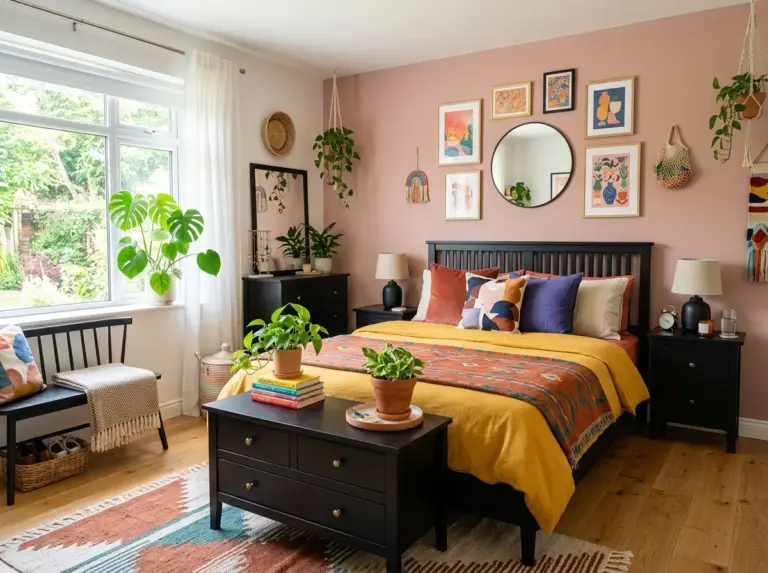 A stylish bedroom featuring black furniture paired with a soft colorful accent wall, neatly made bed with layered vibrant linens, beautifully arranged nightstands and decor, organized and clean space, bright natural light streaming in, vibrant Pinterest-worthy colors, real-life photography style, high-resolution stock photo.