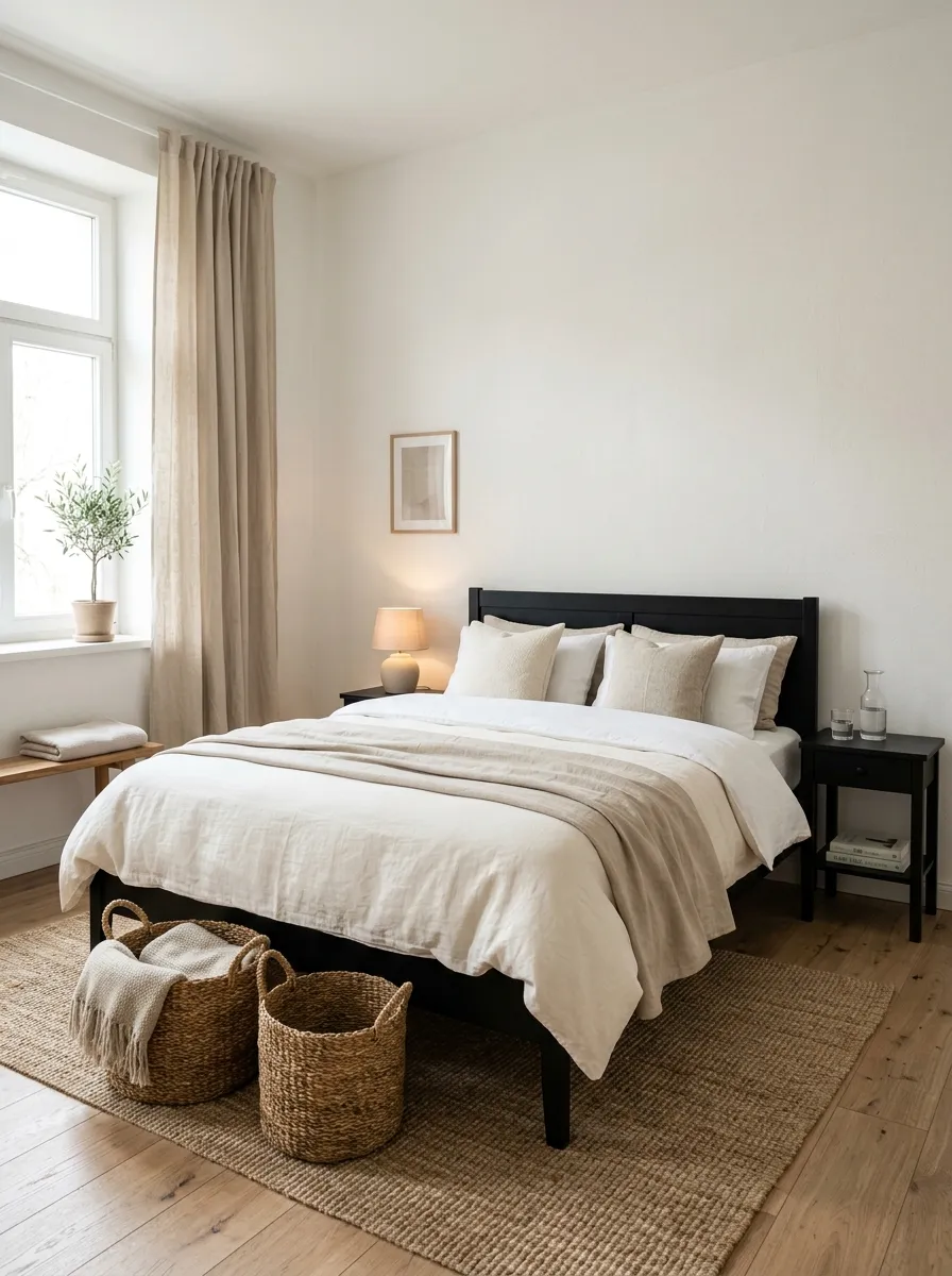 A minimal bedroom with off-white walls and a black wooden bed frame, neatly made bed with cream and oat colored linens, black nightstand with a small lamp, beautifully arranged linen curtains and woven baskets, organized clean space, bright natural light, soft vibrant neutral tones, real-life photography style.