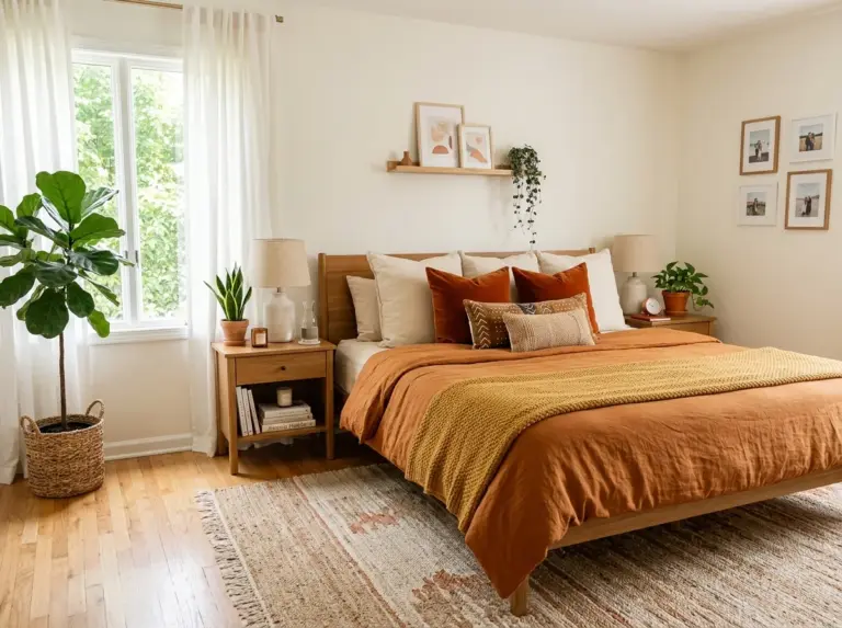 A bright, real-life master bedroom styled as a cozy retreat for a young couple, neatly made bed with layered warm-toned bedding, beautifully arranged nightstands, soft textiles, a few plants, bright natural light pouring through a window, clean and organized aesthetic, vibrant yet warm color palette, Pinterest-style stock photography, no people.