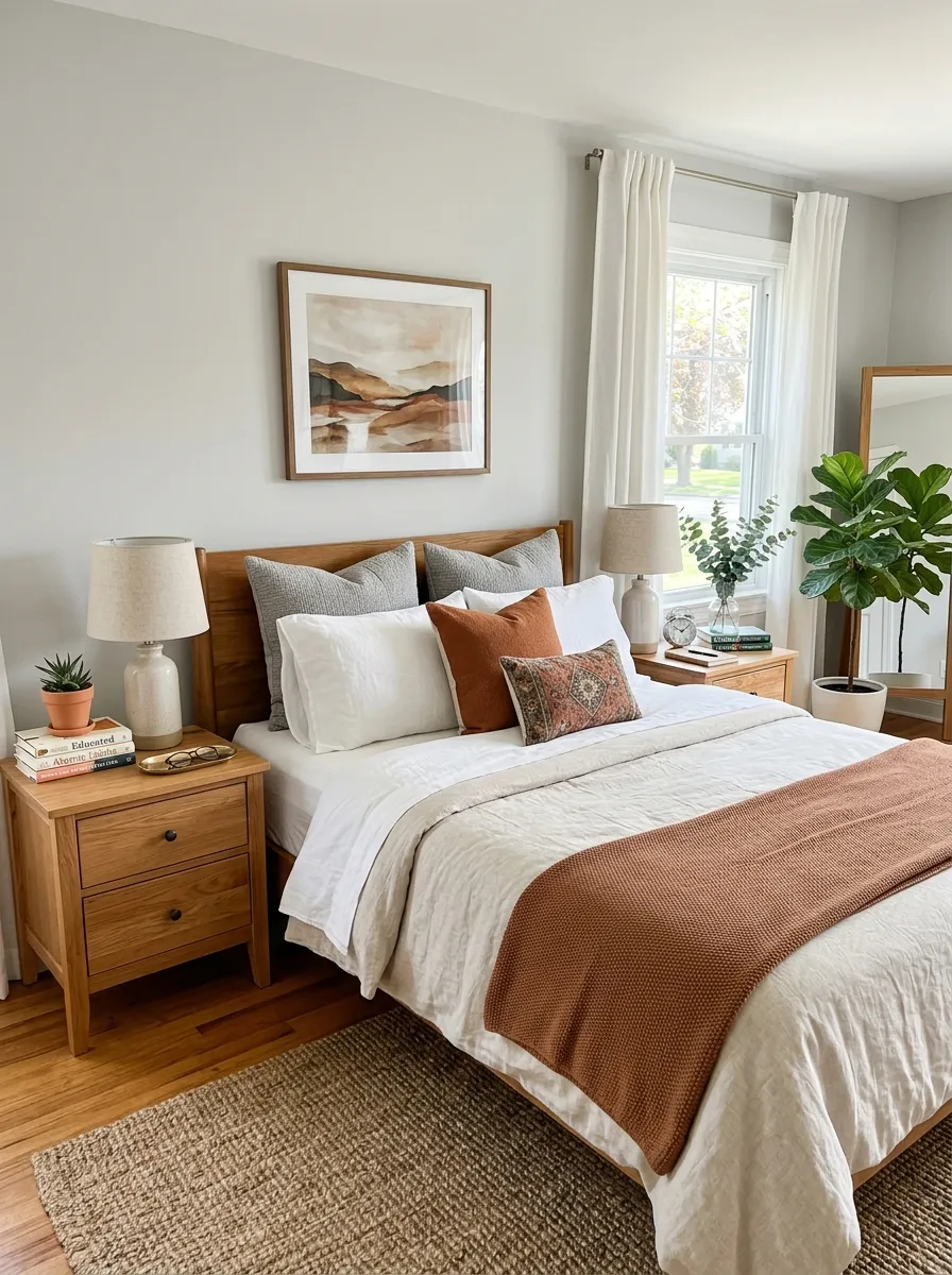 Image prompt: Real-life bedroom with two matching wooden nightstands on either side of a neatly made bed, identical lamps but personalized items like books and small plants, beautifully arranged, bright natural light, clean and organized couple's bedroom, warm vibrant tones, stock photo style, no people.