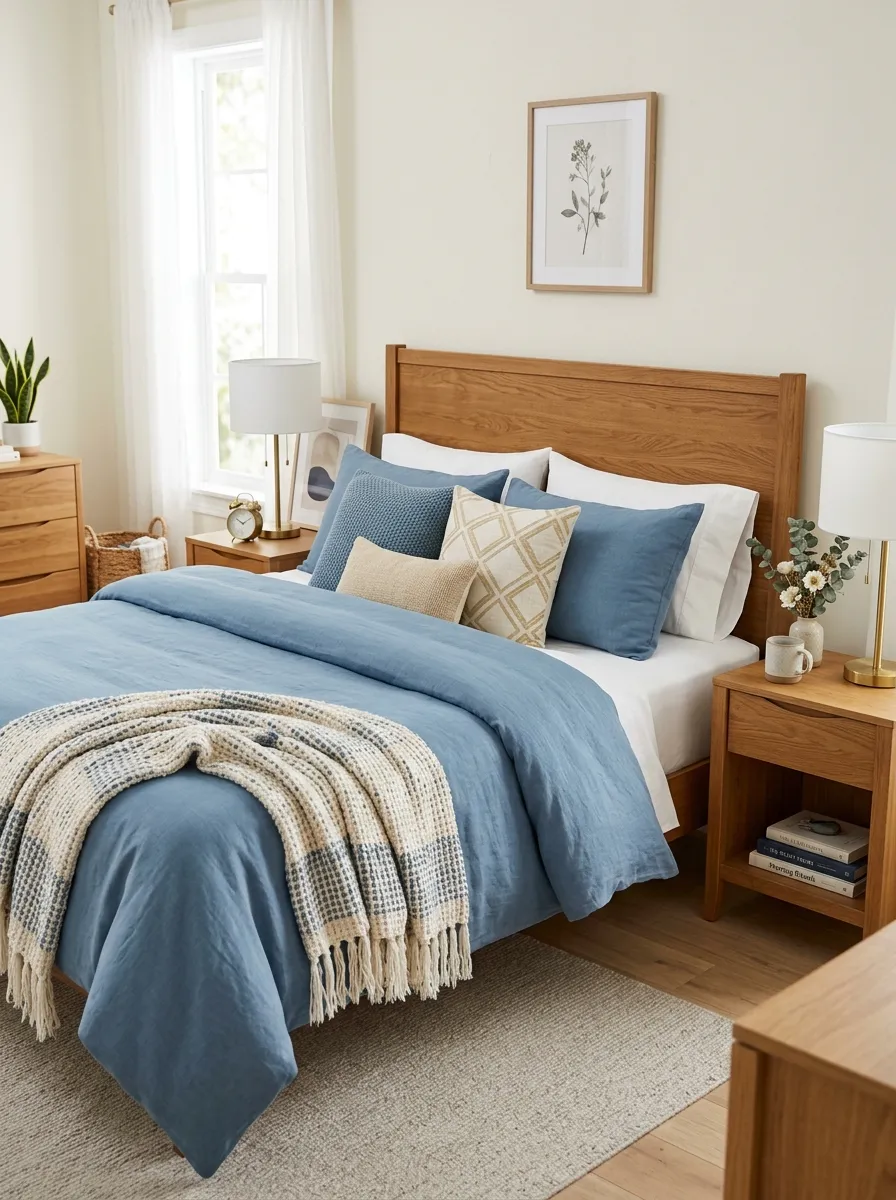 Image prompt: Neatly made bed with dusty blue bedding, warm wood headboard and nightstands, gold accent lamp, beautifully arranged textured cushions and woven throw, bright natural light, clean organized real-life bedroom, vibrant soft blue tones, stock photography style, no people.