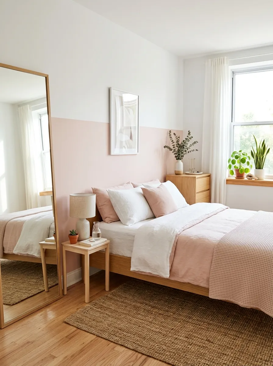 Image prompt: Small real-life bedroom with a two-tone wall painted half soft blush and half white, neatly made low-profile bed, large mirror reflecting bright natural light, beautifully arranged minimal furniture, clean and organized space, vibrant soft color tones, stock photo style, no people.