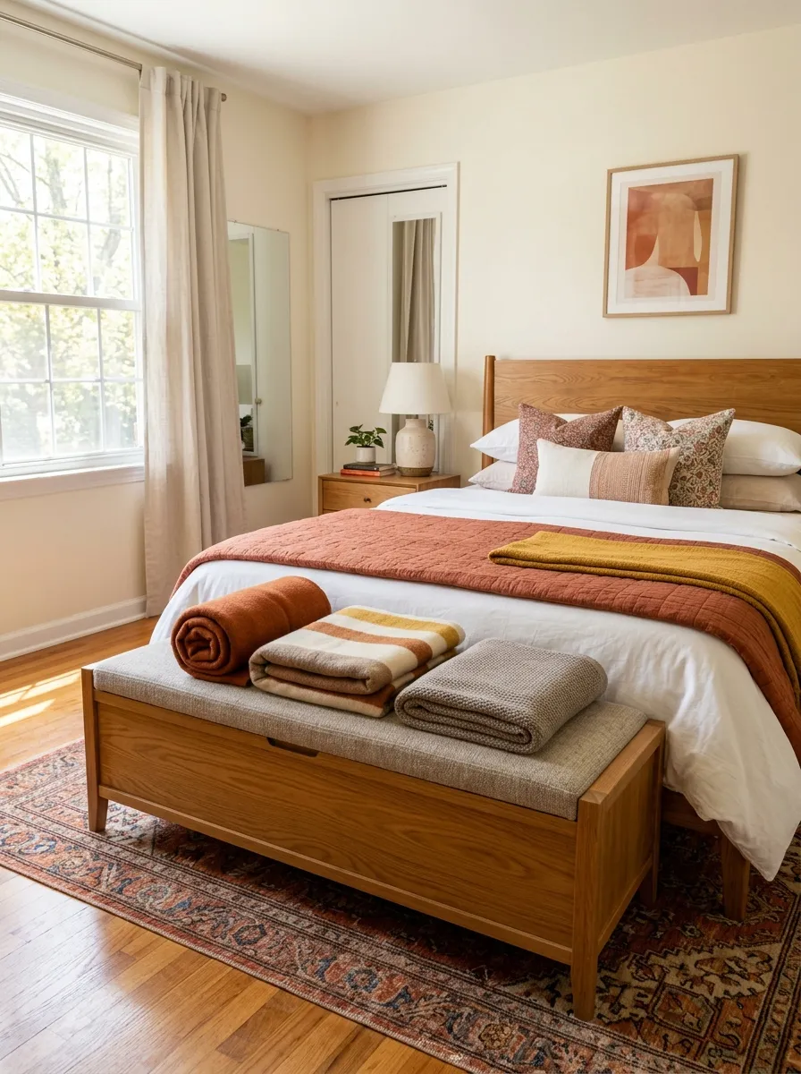 Image prompt: Real-life bedroom with a neatly upholstered storage bench at the foot of a beautifully made bed, folded blankets on top, matching wood tones, bright natural light, clean and organized bedroom decor, vibrant warm color palette, stock photo style, no people.