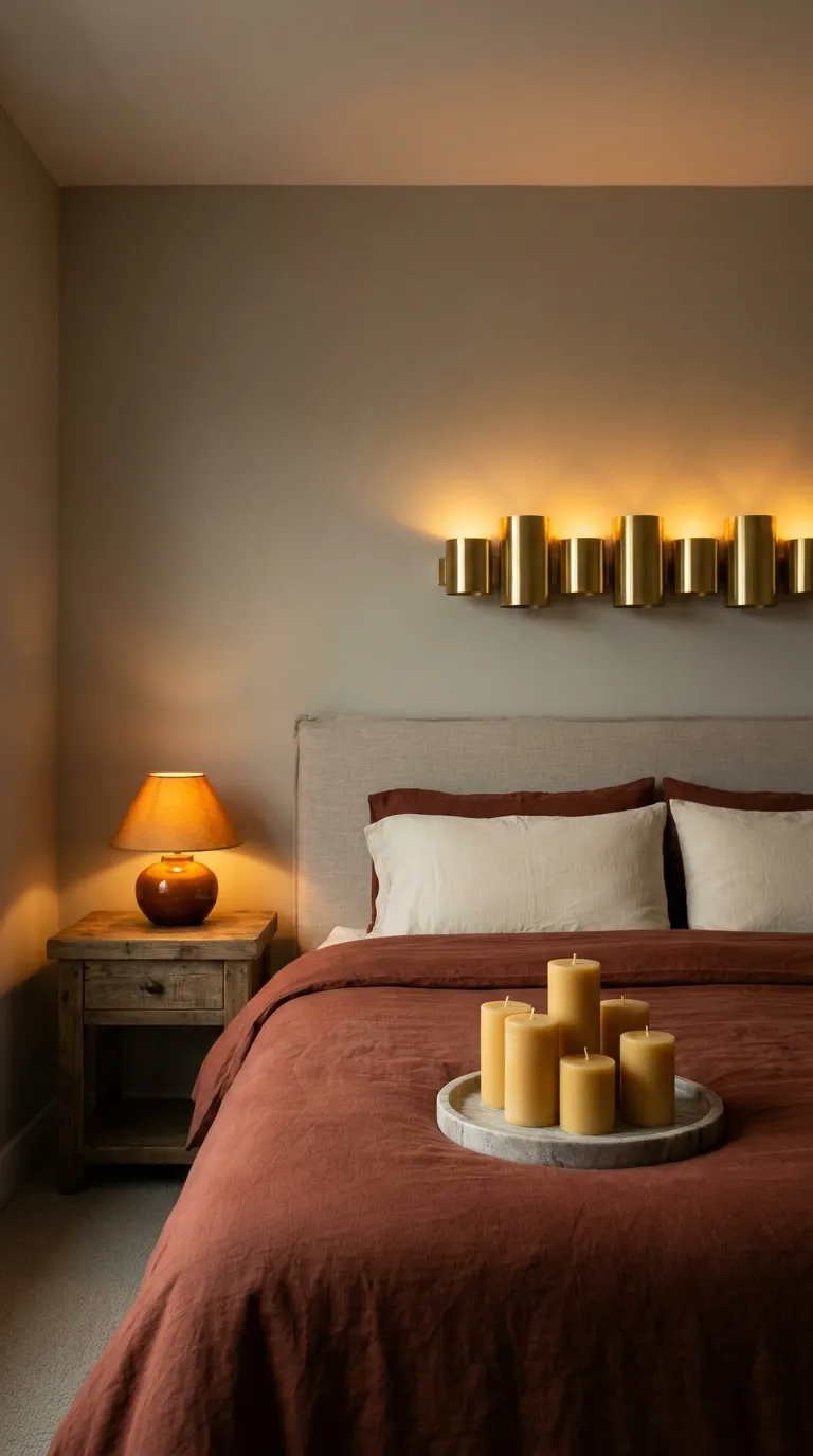 Editorial interior photograph of a modern bedroom at dusk, lit by three distinct warm light sources: a low amber table lamp on a wooden nightstand, a row of dimmable wall sconces above the headboard glowing soft gold, and a cluster of unscented pillar candles on a tray at the foot of the bed. Walls are painted warm greige. Bedding is a deep terracotta linen duvet with cream pillows. No overhead lighting is on, creating soft shadow pooling in the corners. Shot on a 35mm lens, shallow depth of field, warm color grade, cozy magazine-quality composition, no people, no text.