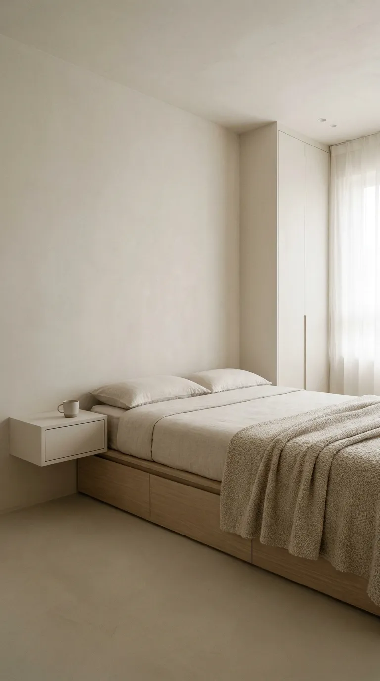 Wide-angle editorial photograph of a minimalist bedroom in a monochromatic oatmeal and bone white palette. A low platform bed with a built-in storage base sits against a wall with no visible clutter — a wall-mounted floating nightstand holds only a single ceramic cup. A slim built-in wardrobe with flush, handle-less doors blends seamlessly into the wall on the right. Matte plaster wall finish, soft diffused daylight from a sheer-curtained window, bouclé throw folded at the foot of the bed. Clean architectural lines, Kinfolk-style photography, no visible mess, no people, no text.