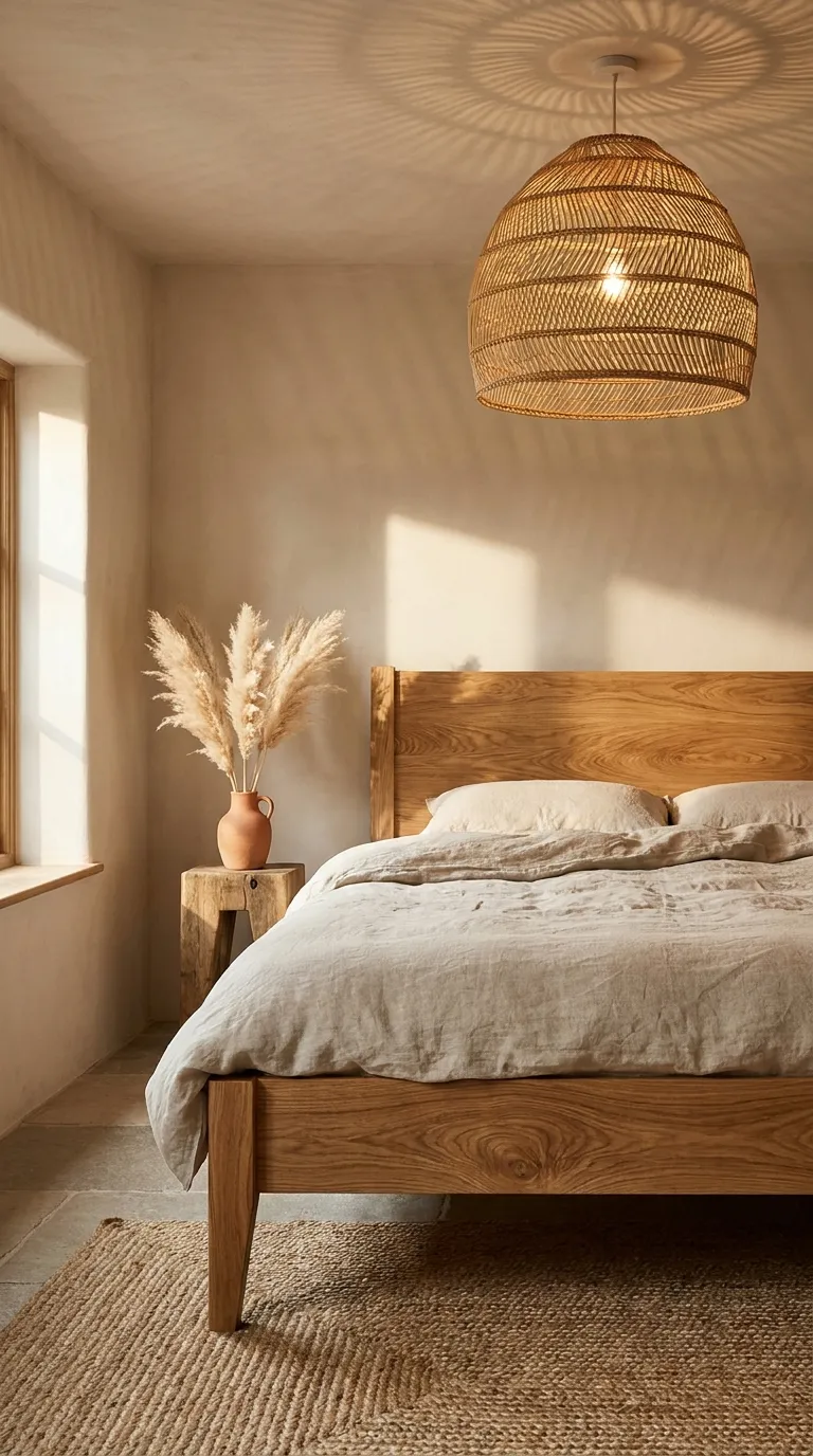 Editorial interior photograph of a modern bedroom at dusk, lit by three distinct warm light sources: a low amber table lamp on a wooden nightstand, a row of dimmable wall sconces above the headboard glowing soft gold, and a cluster of unscented pillar candles on a tray at the foot of the bed. Walls are painted warm greige. Bedding is a deep terracotta linen duvet with cream pillows. No overhead lighting is on, creating soft shadow pooling in the corners. Shot on a 35mm lens, shallow depth of field, warm color grade, cozy magazine-quality composition, no people, no text.