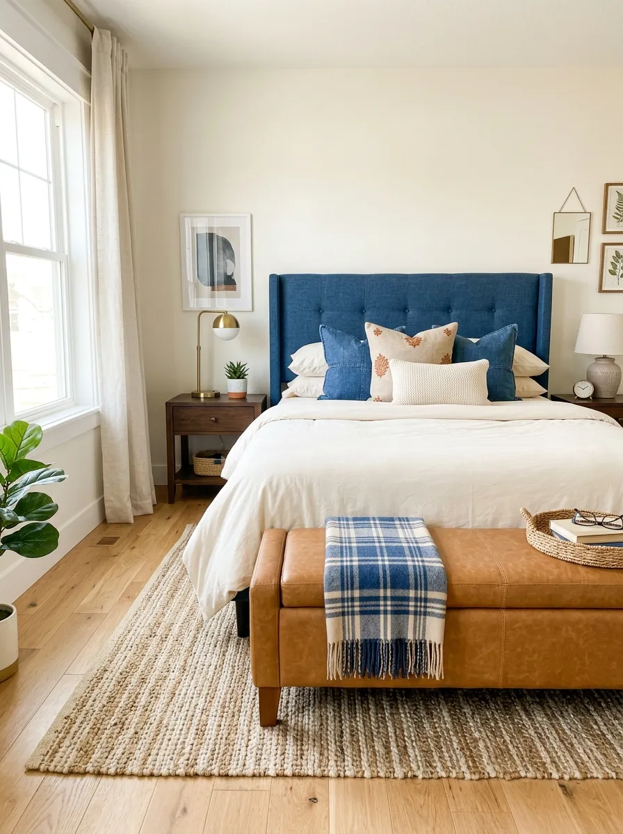 A real-life photo of a bedroom with a denim blue upholstered headboard, a tan leather bench at the foot of a neatly made bed with cream bedding, organized and clean styling, bright natural light, vibrant color contrast, modern real home photography, no text.