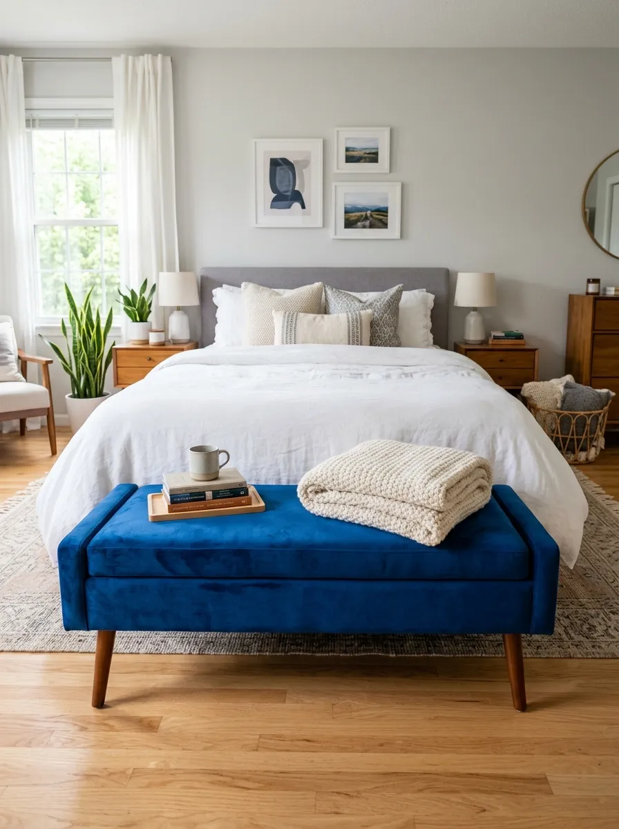 A real-life photo of a bedroom with a cobalt blue velvet bench on tapered brown wood legs at the foot of a neatly made bed, beautifully arranged folded blanket on top, clean and organized room, bright natural light, vibrant velvet texture, real home photography, no text.