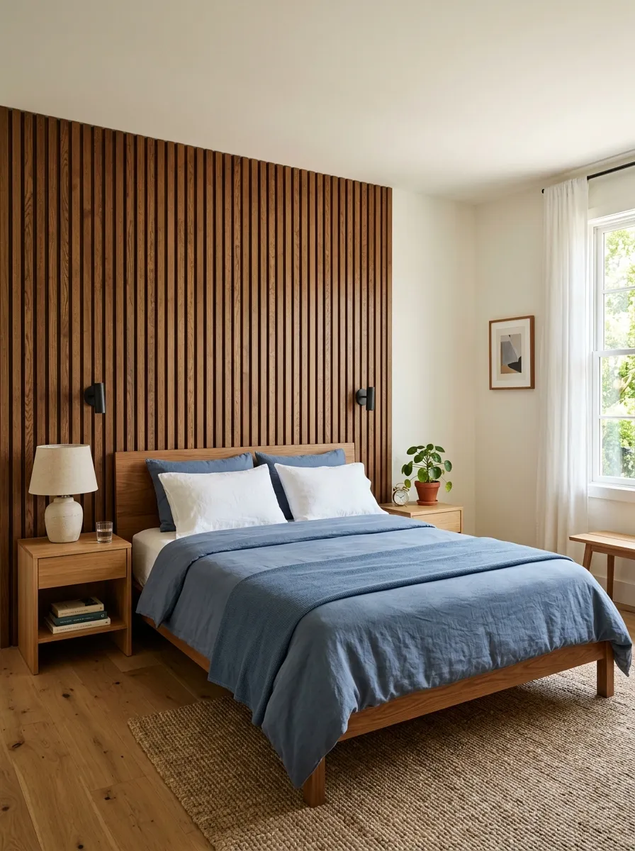 A real-life photo of a bedroom with slatted brown wood wall panels behind the headboard, simple blue bedding on a neatly made bed, organized and clean styling, bright natural light, vibrant warm wood tones, real interior architectural photography, no text.