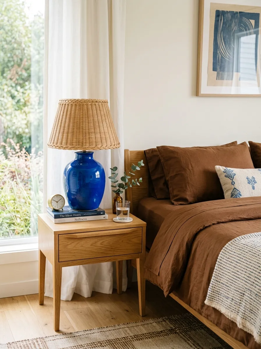 A real-life photo of a nightstand with a glossy cobalt blue ceramic lamp and a natural rattan lampshade, beautifully arranged next to a neatly made bed with brown linens, clean and organized styling, bright natural light, vibrant blue accent, real home photography, no text.