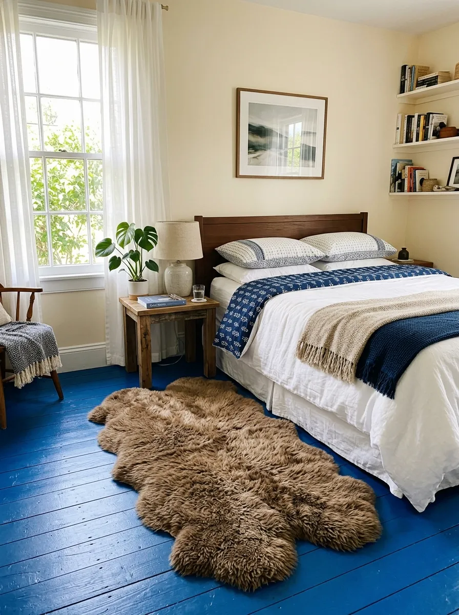 A real-life photo of a bedroom with a brown sheepskin rug layered over blue flooring beside a neatly made bed, organized and clean room styling, bright natural light, vibrant color contrast between blue and brown, cozy real home photography, no text.