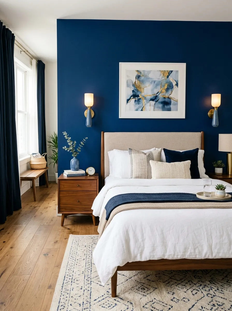 A real-life photo of a bedroom bed flanked by matching brown wood nightstands with blue-toned wall sconces mounted above, neatly made bed, organized and clean styling, bright natural light, vibrant color contrast, boutique hotel real photography style, no text.