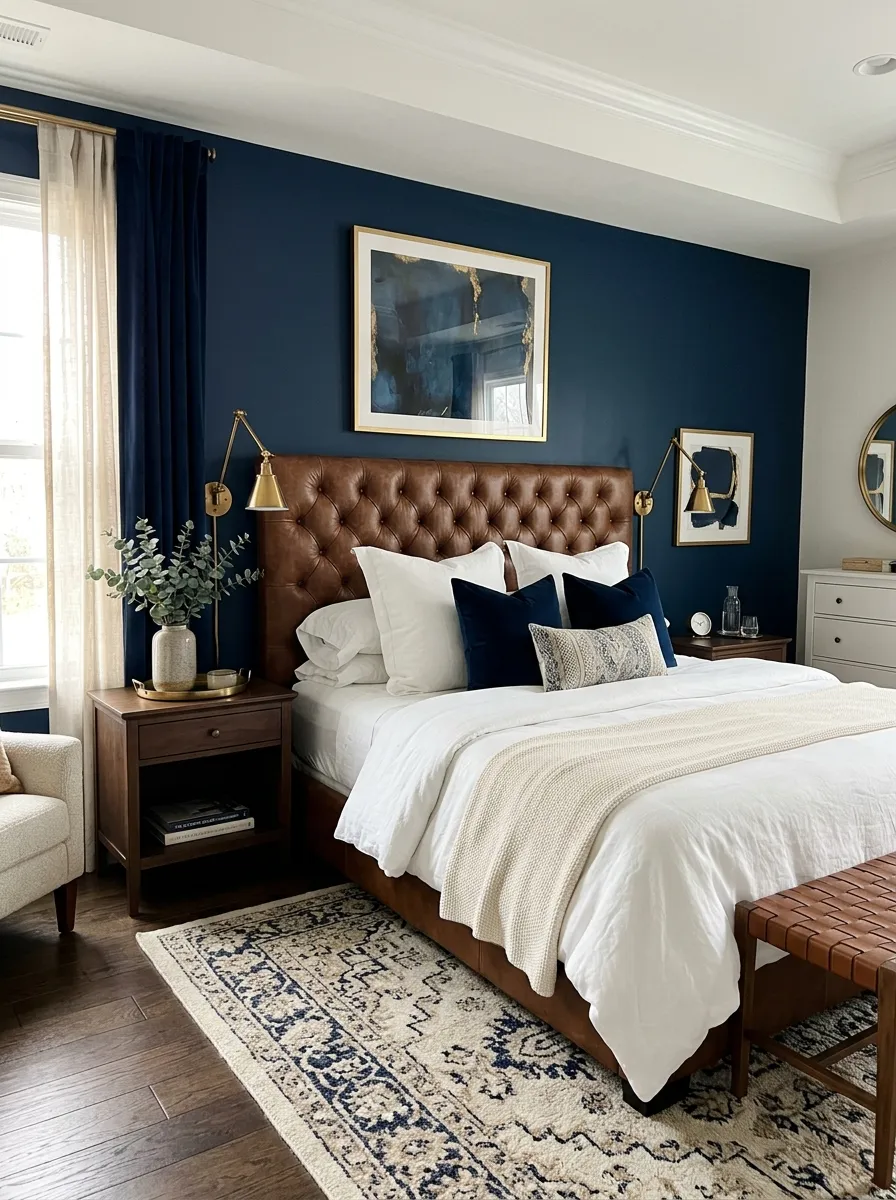 A real-life photo of a bedroom with a tufted brown leather headboard against deep navy blue walls, brass reading lights on either side, neatly made bed, clean and organized room, bright natural light, vibrant deep blue tone, real luxury home photography, no text.