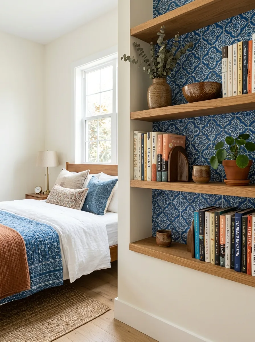 A real-life photo of a bedroom with a small section of blue patterned wallpaper behind open wood shelving, brown ceramic decor and books neatly arranged on the shelves, clean and organized styling, bright natural light, vibrant pattern colors, real interior photography, no text.