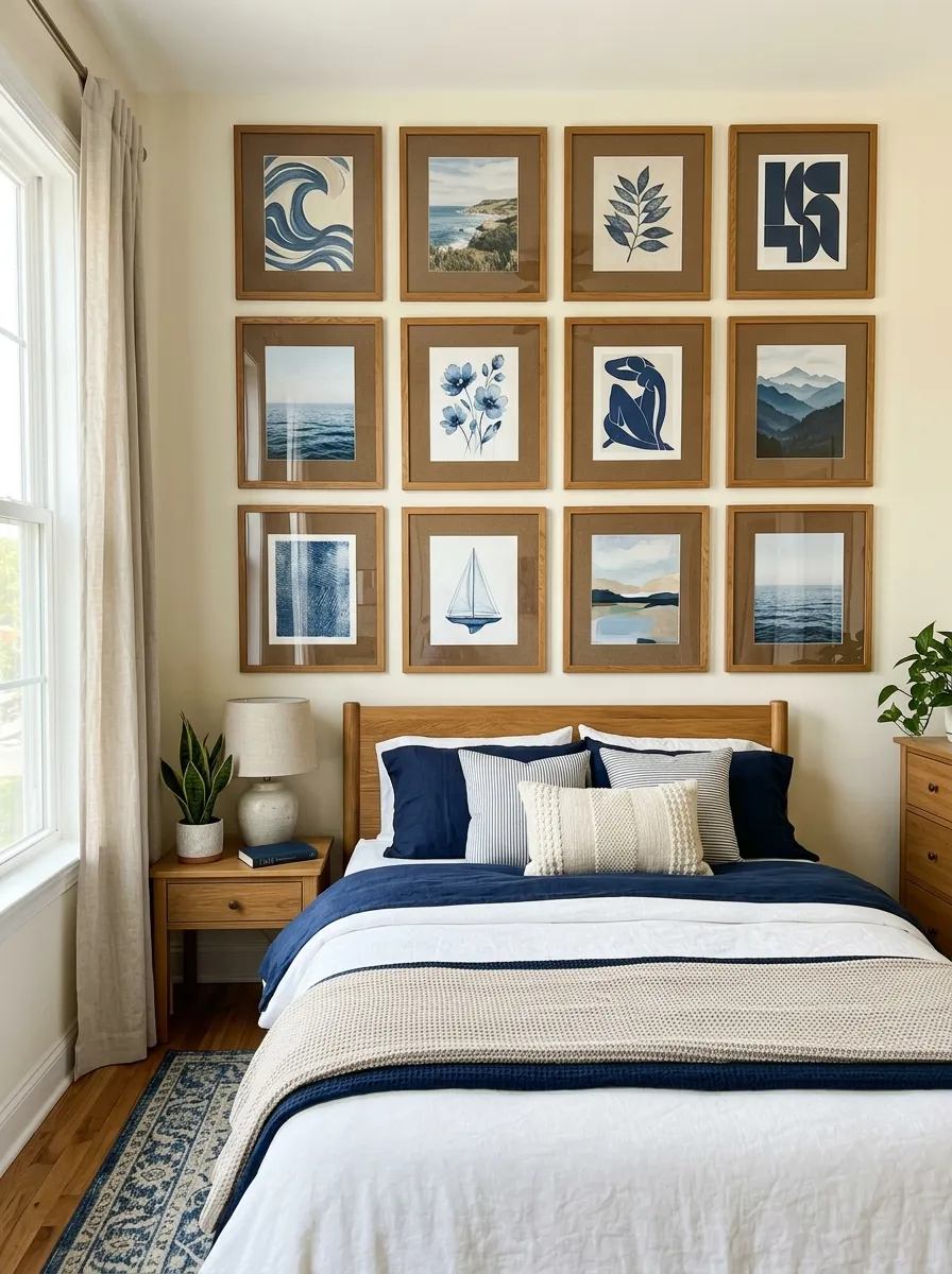 A real-life photo of a gallery wall above a neatly made bed with wood-framed art and brown mat boards mixed with blue-toned prints, arranged in a balanced grid, organized and clean styling, bright natural light, vibrant color mix, real home photography, no text.