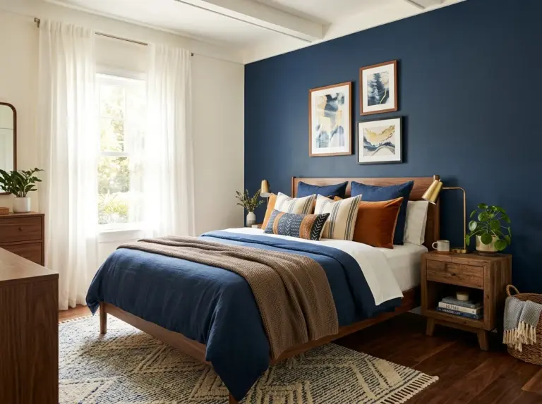 A real-life photo of a cozy bedroom with a navy blue accent wall and warm walnut wood furniture, neatly made bed with layered brown and blue linens, beautifully arranged throw pillows, organized nightstand with a small plant, bright natural light streaming through sheer curtains, vibrant and warm color tones, shot on a DSLR camera, interior design magazine style, no text, no watermark.