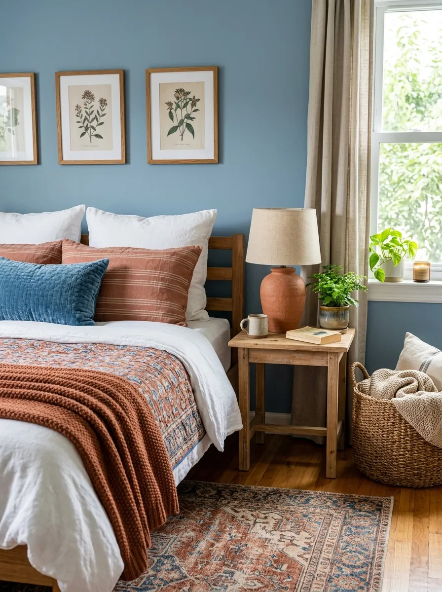 A real-life photo of a bedroom with soft dusty blue walls, a terracotta clay table lamp on the nightstand, a woven basket in the corner, neatly made bed, organized and clean styling, bright natural light, vibrant warm tones, cozy home photography, no text.