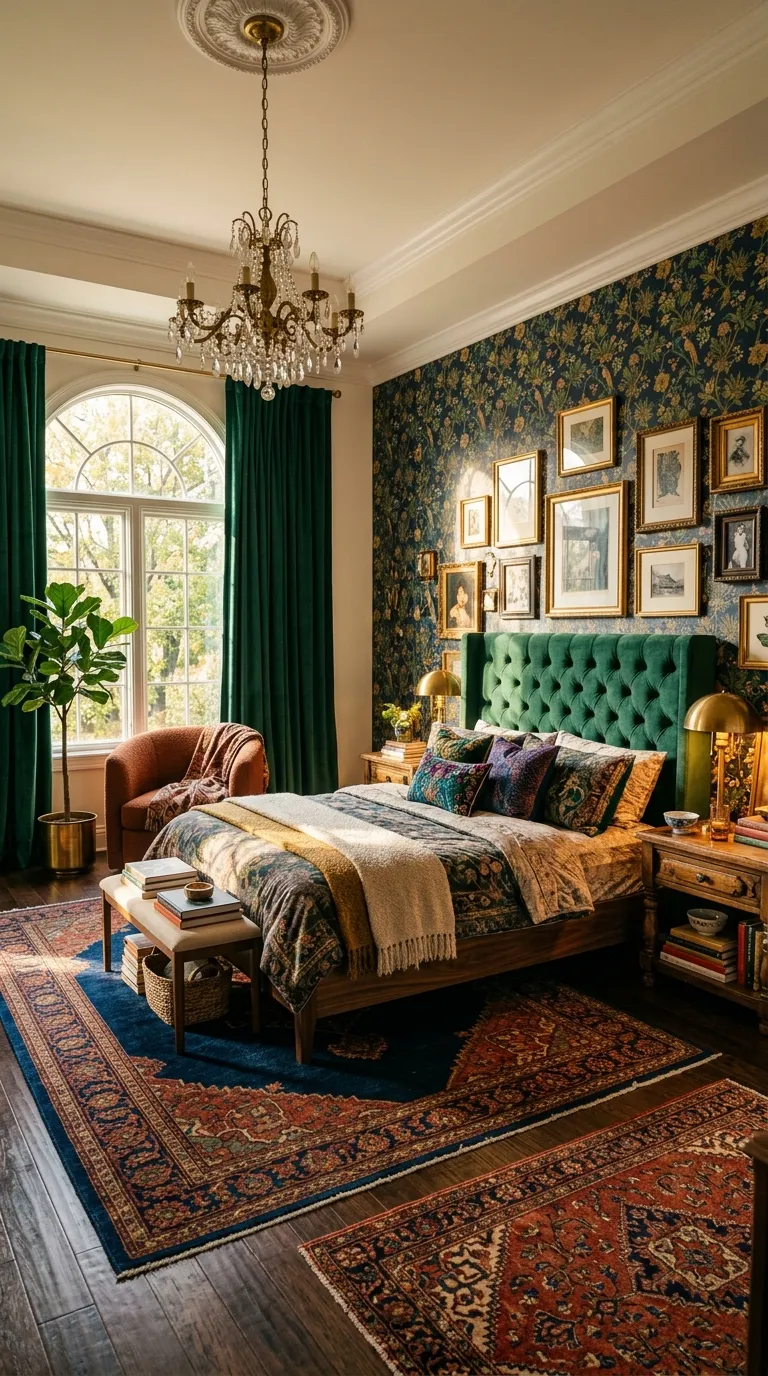 Editorial wide-shot photograph of a luxurious maximalist bedroom serving as a hero/cover image, showcasing multiple bold design elements in one cohesive frame: a tufted emerald velvet headboard, layered jewel-tone rugs in sapphire and ruby beneath a walnut bed frame, a richly patterned botanical wallpaper accent wall in indigo and gold, and an eclectic gallery wall with mismatched gold and brass frames above a nightstand cluttered with brass lamps and stacked books. Warm golden-hour light streams through a large window on the left, casting soft shadows and highlighting the texture of velvet, boucle, and woven textiles throughout the room. Shot on a wide-angle lens from a slightly elevated three-quarter angle to capture the full richness of the space, cinematic warm color grade, high-end editorial magazine photography style, no people, no text overlays, no logos or watermarks.