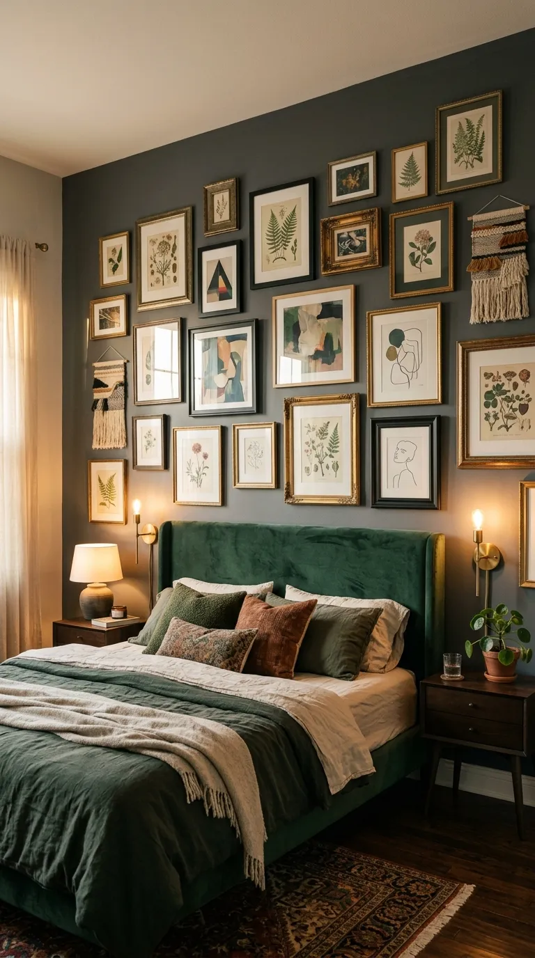 Editorial interior photograph of a bedroom accent wall covered floor to ceiling with an asymmetrical gallery wall of 15+ mismatched frames in gold, black, and vintage brass finishes, holding a mix of botanical prints, abstract art, and small tapestries. Below the wall sits an upholstered bed in deep forest green velvet with brass sconces flanking each side. Warm ambient lighting, late afternoon glow, slightly moody color grade, shot from a three-quarter angle, no people, no text overlays.