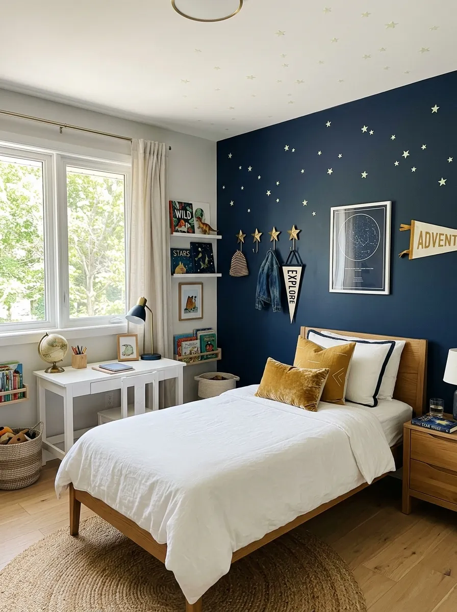 A real-life photograph of a boy's bedroom with deep navy blue accent wall, neatly made bed with gold and mustard throw pillows, star-shaped brass wall hooks, glow-in-the-dark star decals visible on ceiling, small world globe on desk, bright natural light through window, beautifully arranged, organized, clean, vibrant warm accents, candid lifestyle photography, no people, Pinterest aesthetic.