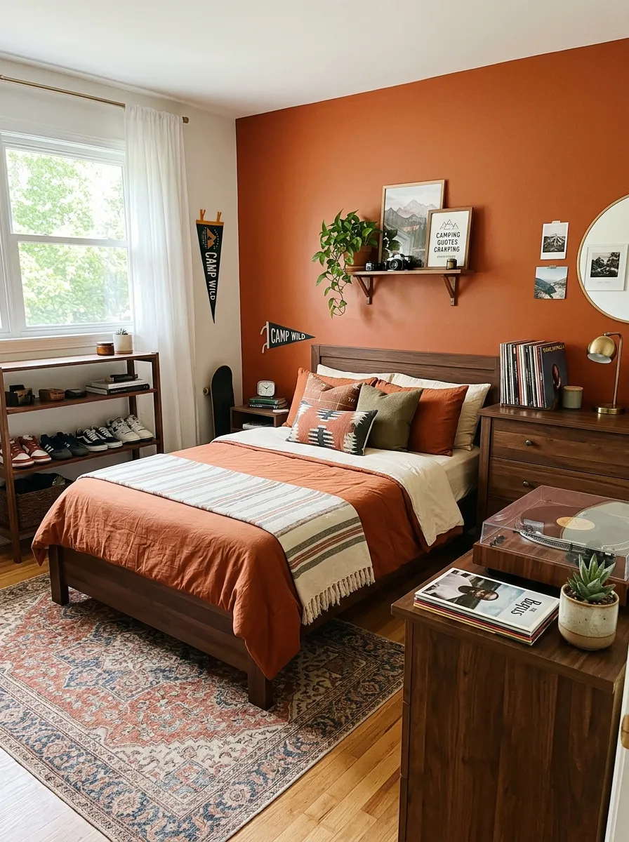 A real-life photograph of a boys bedroom with rust orange accent wall, deep brown wooden furniture, neatly made bed with rust and cream bedding, vintage record player styled on dresser, sneakers neatly arranged on open shelf, bright natural light, beautifully arranged, organized, clean, vibrant rust tones, candid lifestyle photography, no people, Pinterest aesthetic.