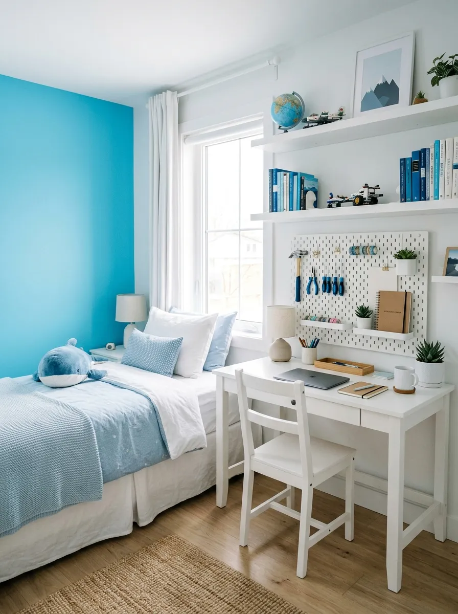 A real-life photograph of a minimalist boys bedroom with icy blue accent wall, bright white desk and shelving, neatly made bed with white and light blue bedding, white pegboard organizer holding neatly arranged tools and supplies, bright natural light through window, beautifully arranged, organized, clean, vibrant icy blue tones, candid lifestyle photography, no people, Pinterest aesthetic.