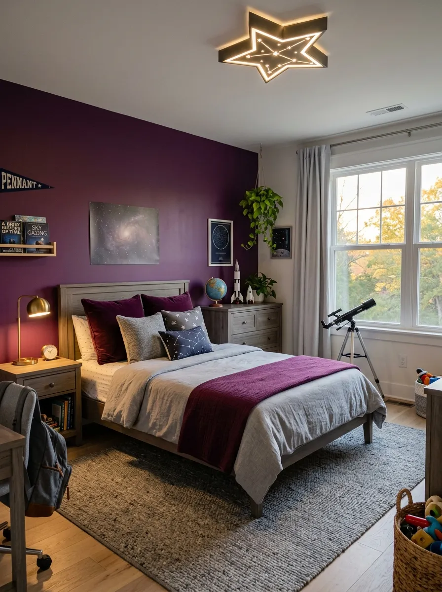 A real-life photograph of a boys bedroom with deep plum accent wall, warm grey furniture and bedding, neatly made bed with plum and grey throw pillows, star-shaped constellation light fixture on ceiling, small telescope near window, bright natural light mixed with warm evening glow, beautifully arranged, organized, clean, vibrant plum tones, candid lifestyle photography, no people, Pinterest aesthetic.