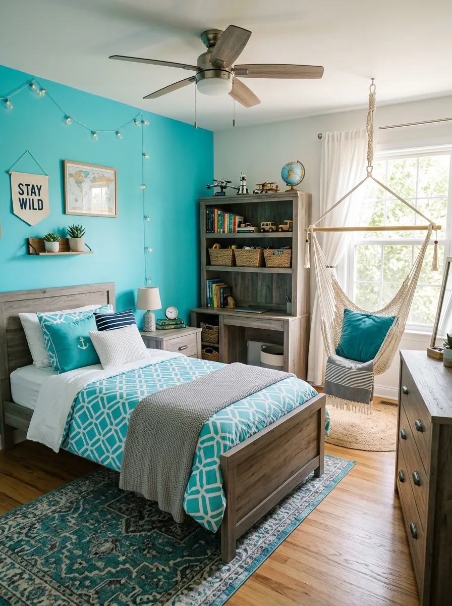 A real-life photograph of a boys bedroom with bright turquoise accent wall, driftwood grey wooden furniture, neatly made bed with turquoise and white bedding, woven rope hammock chair in corner styled with cushion, bright natural light through window, beautifully arranged, organized, clean, vibrant turquoise tones, candid lifestyle photography, no people, Pinterest aesthetic.