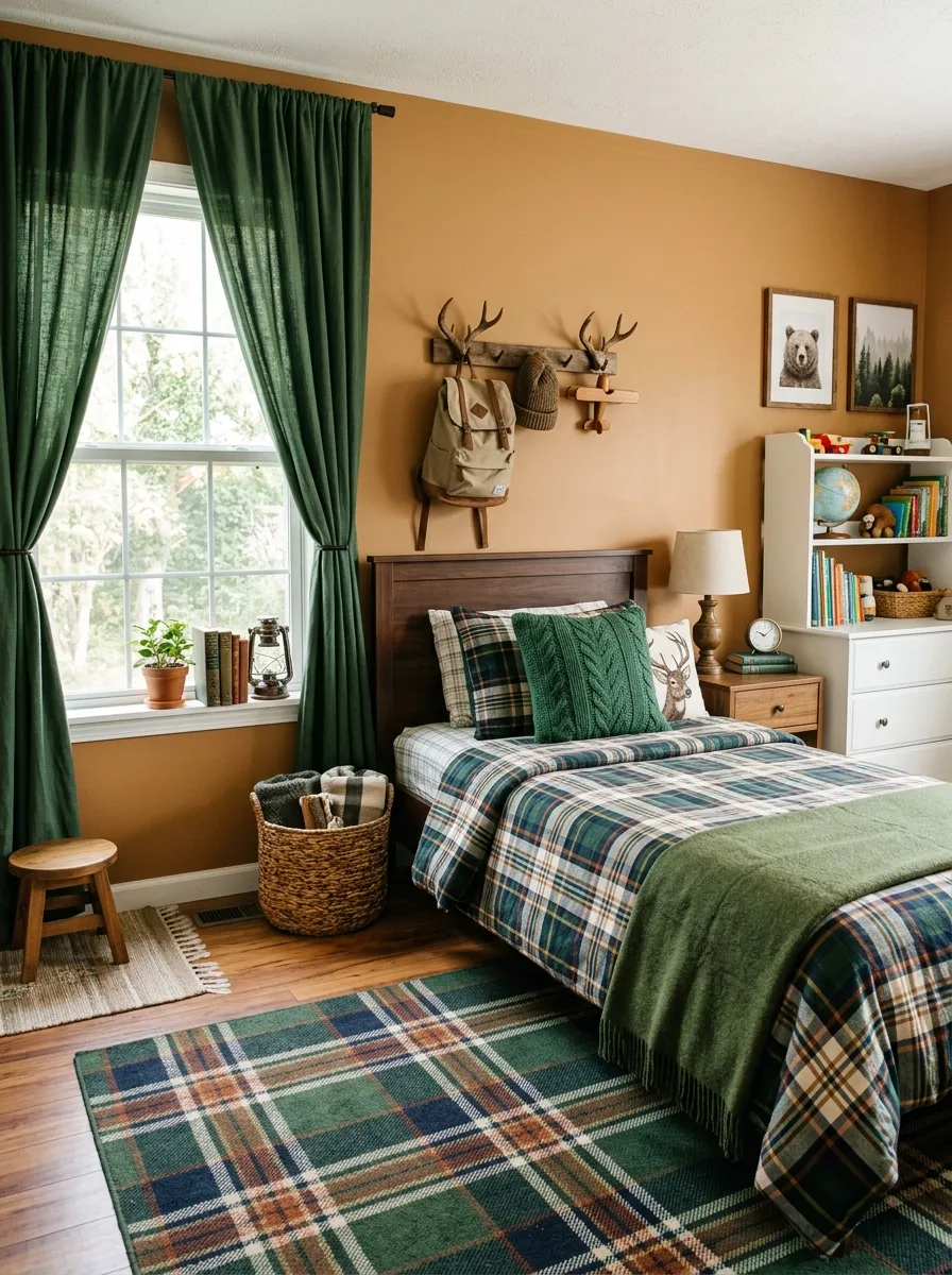 A real-life photograph of a cozy boys bedroom with warm caramel walls, forest green curtains and throw pillows, neatly made bed with plaid bedding, wooden antler-style wall hooks, plaid area rug on floor, bright natural light through window, beautifully arranged, organized, clean, vibrant caramel and green tones, candid lifestyle photography, no people, Pinterest aesthetic.