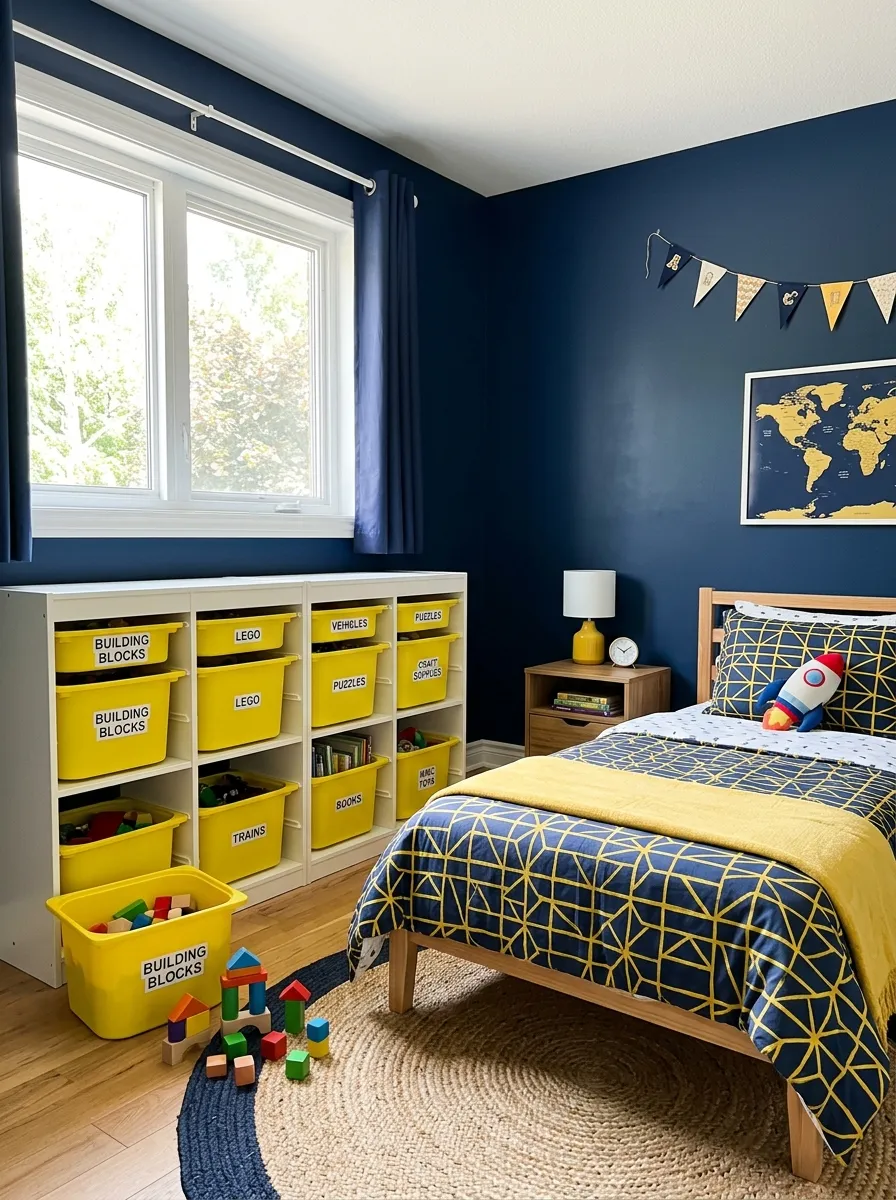 A real-life photograph of an energetic boys bedroom with deep navy walls and bright electric yellow storage bins neatly organized on shelving, neatly made bed with navy and yellow bedding, building blocks organized in labeled bins, bright natural light through window, beautifully arranged, organized, clean, vibrant yellow and navy tones, candid lifestyle photography, no people, Pinterest aesthetic.
