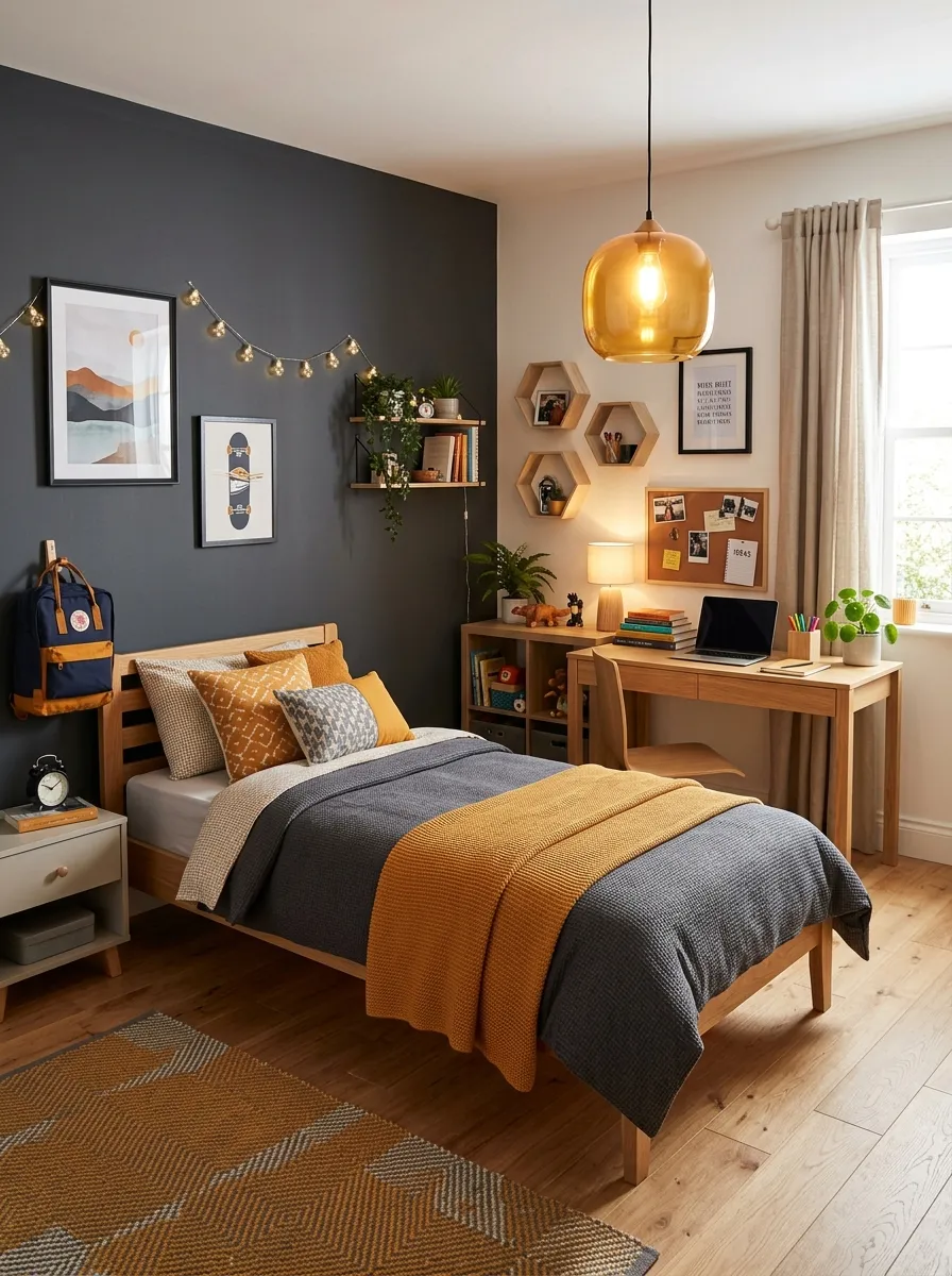 A real-life photograph of a modern boys bedroom with soft charcoal accent wall, warm amber pendant light above desk, neatly made bed with charcoal and amber bedding, desk neatly organized with study supplies, bright natural light mixed with warm amber glow, beautifully arranged, organized, clean, vibrant amber accents, candid lifestyle photography, no people, Pinterest aesthetic.