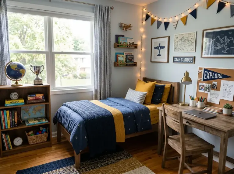 A real-life photograph of a beautifully organized boys bedroom, neatly made bed with navy and mustard yellow bedding, wooden desk with clean stationery arrangement, string lights, a small bookshelf styled with globe and sports trophy, bright natural light streaming through a window, vibrant but cozy color palette, candid lifestyle photography style, shot on DSLR, shallow depth of field, no people visible, ultra realistic, Pinterest aesthetic, high resolution.