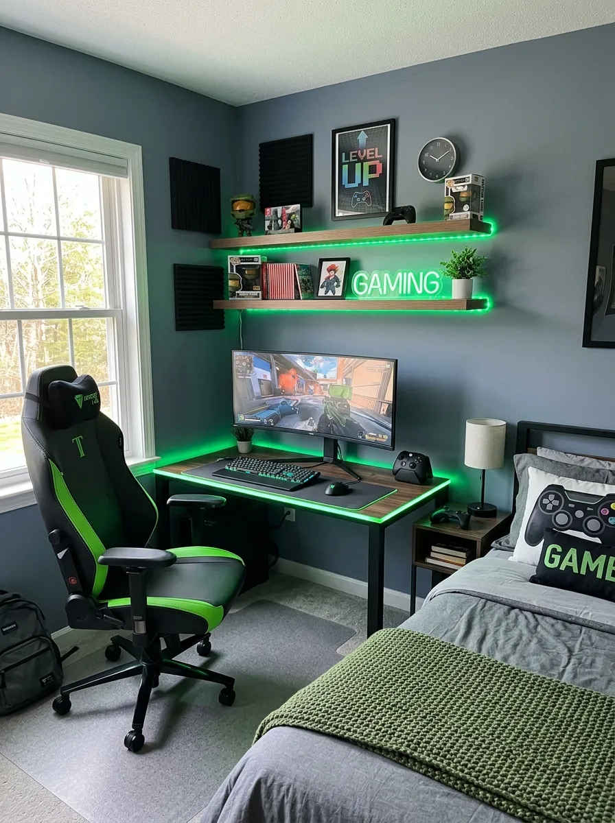 A real-life photograph of a modern boys bedroom with slate blue-grey walls, neon green LED strip lighting along desk and shelf edges, neatly organized gaming setup with monitor and controller, black and green gaming chair, bright natural daylight mixed with subtle neon glow, beautifully arranged, clean, organized, vibrant neon accents, candid lifestyle photography, no people, Pinterest aesthetic.