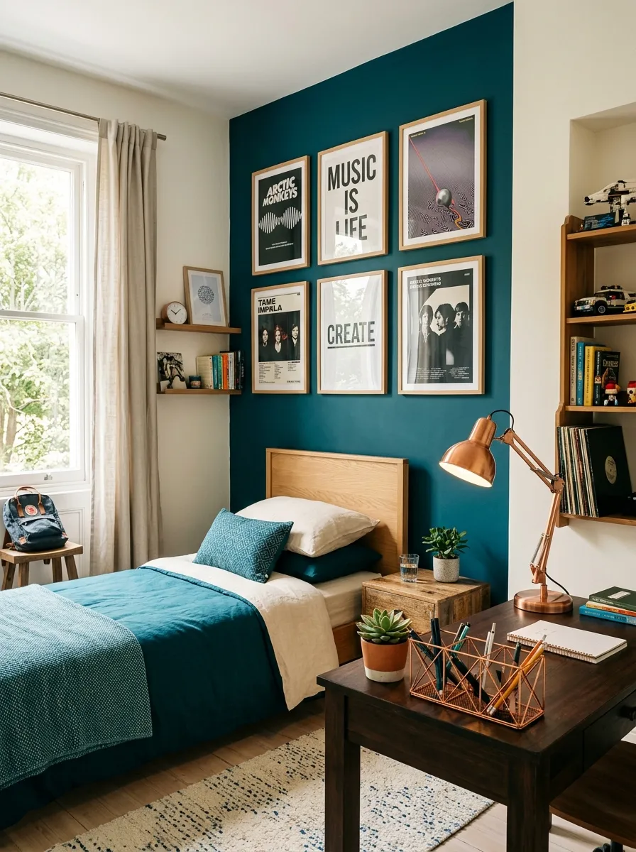 A real-life photograph of a stylish boys bedroom with deep teal accent wall, warm copper desk lamp and copper wire pen organizer, neatly made bed with teal and cream bedding, framed music or design posters arranged symmetrically, bright natural light through window, beautifully arranged, organized, clean, vibrant teal tones, candid lifestyle photography, no people, Pinterest aesthetic.