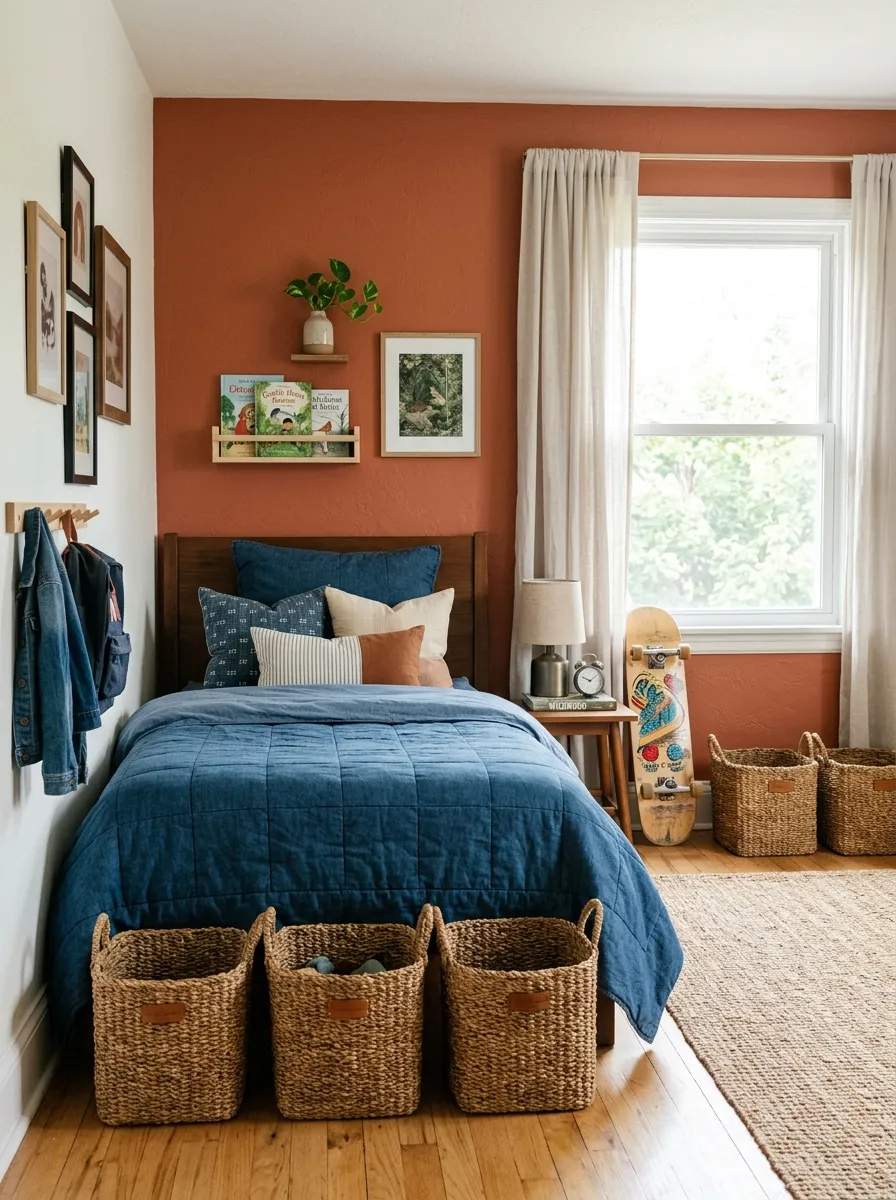 A real-life photograph of a warm boys bedroom with burnt terracotta accent wall, denim blue bedding neatly made, woven storage baskets arranged under window, skateboard leaning styled against wall, bright natural light, beautifully arranged, organized, clean, vibrant terracotta and denim tones, candid lifestyle photography, no people, Pinterest aesthetic.