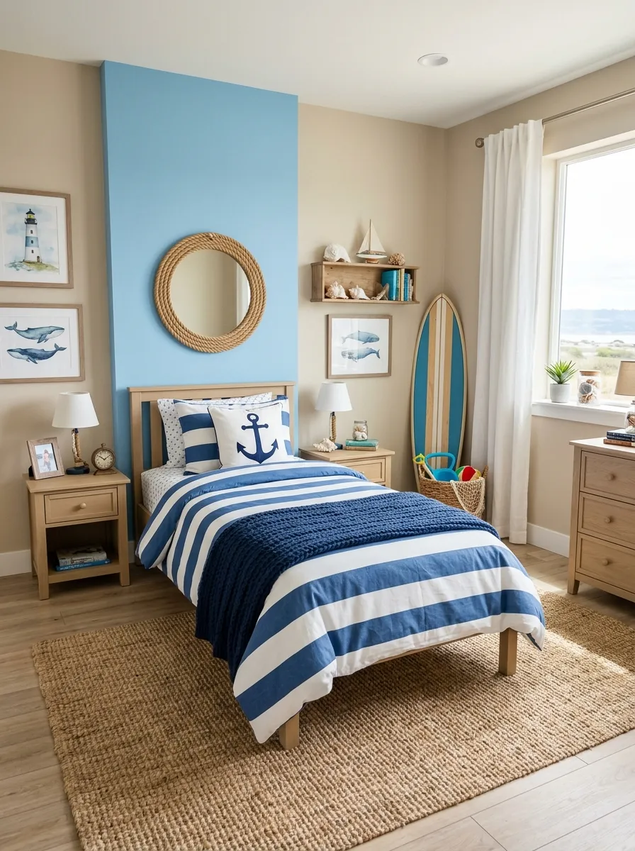 A real-life photograph of a coastal-themed boys bedroom with sky blue accent wall and sandy beige furniture, neatly made bed with blue and white striped bedding, woven jute rug on floor, rope-framed mirror on wall, surfboard styled in corner, bright natural light, beautifully arranged, organized, clean, vibrant coastal tones, candid lifestyle photography, no people, Pinterest aesthetic.