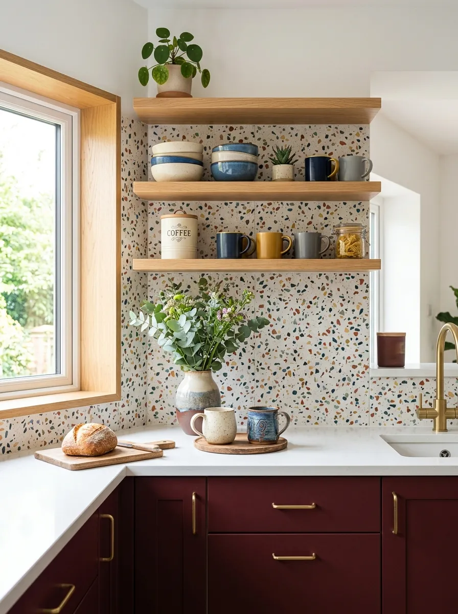 Real-life kitchen with burgundy cabinets and a speckled terrazzo backsplash, neatly made white countertop, beautifully arranged ceramic vase and mugs, organized open shelf, bright natural light highlighting the pattern, clean composition, vibrant playful tones, stock photography style.