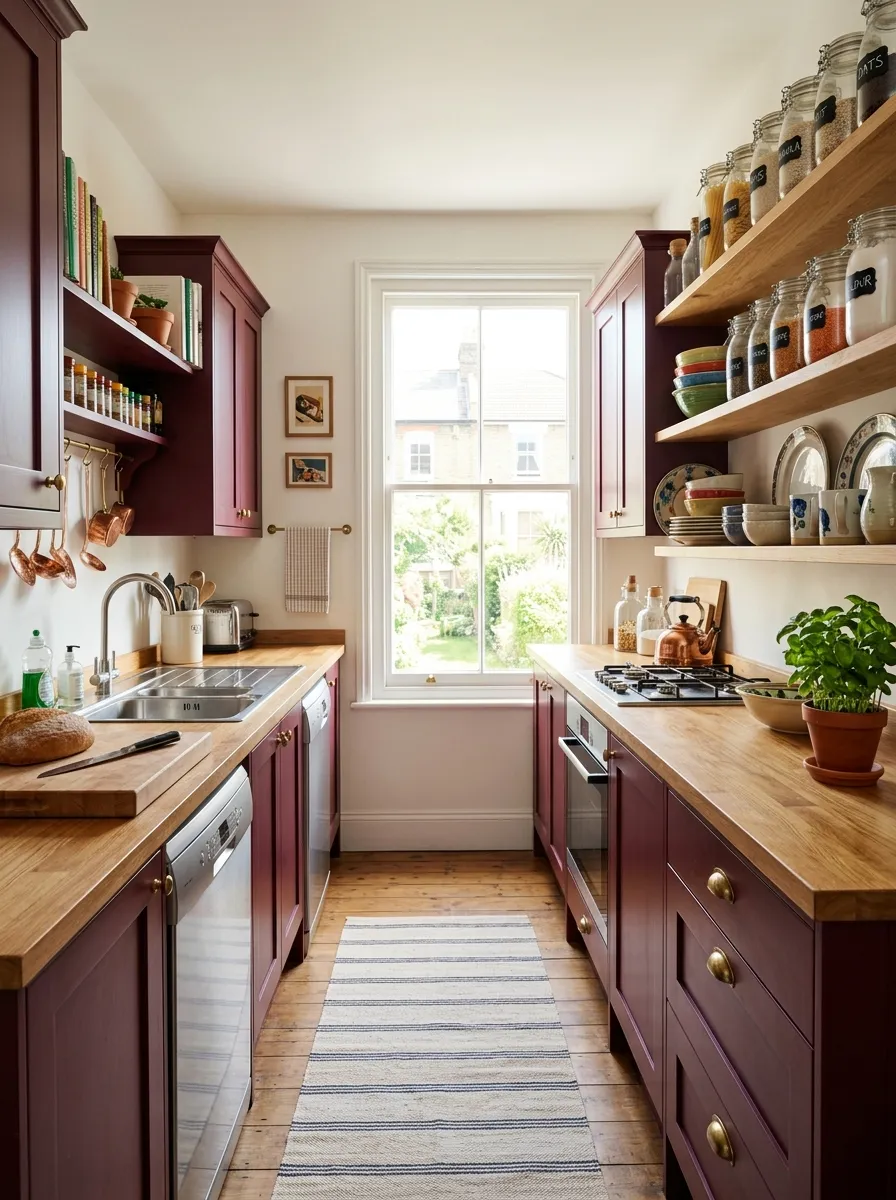 Real-life narrow galley kitchen with burgundy cabinets on both walls, neatly made open wood shelving with glass jars, beautifully arranged everyday dishware, organized countertop, bright natural light at the end of the hallway kitchen, clean and vibrant, stock photography style.