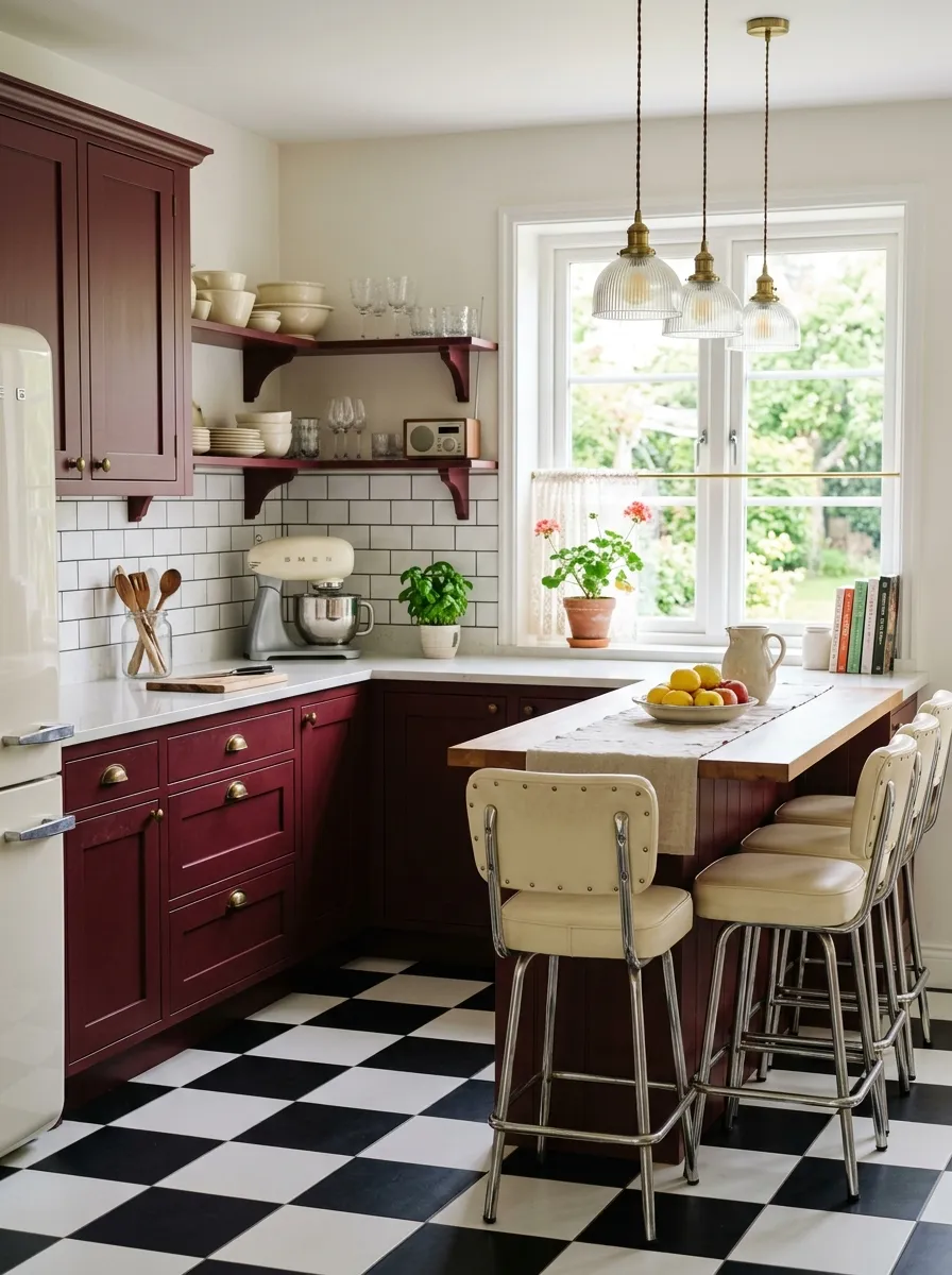 Real-life vintage-style kitchen with burgundy cabinets and black and white checkered floor, neatly made countertop, beautifully arranged cream bar stools, organized pendant lighting, bright natural light, clean retro composition, vibrant cheerful tones, stock photography style.