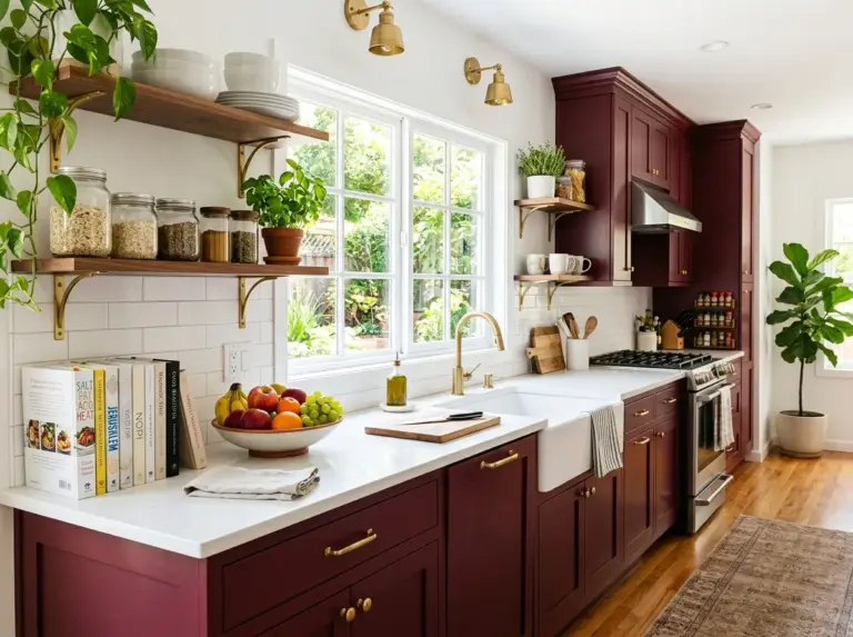 A bright, real-life kitchen fully styled with burgundy kitchen cabinets, neatly made countertops, beautifully arranged fruit bowl and cookbooks, brass hardware details, clean white walls, organized open shelving, bright natural light through a large window, vibrant and inviting colors, Pinterest-style stock photography, no people.