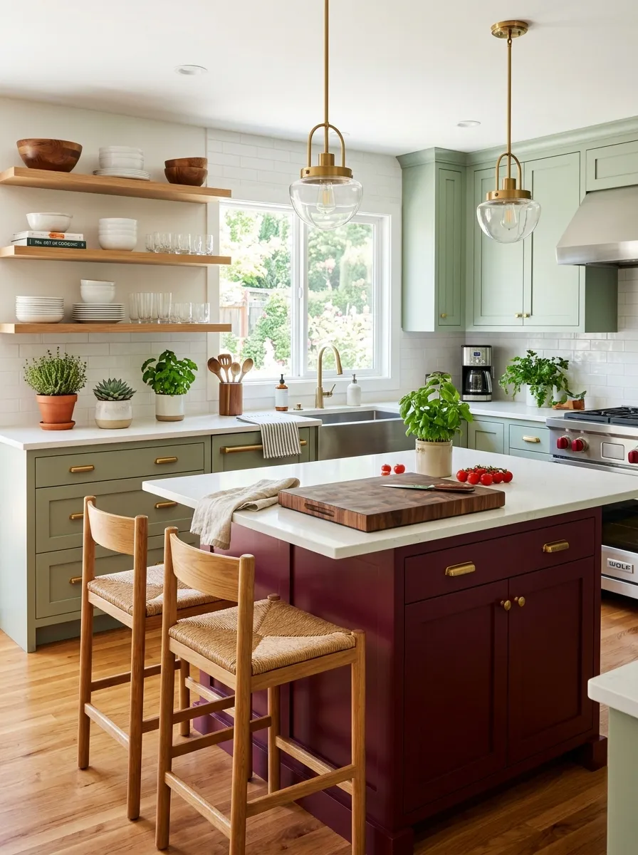 Real-life kitchen photo combining burgundy island cabinets with sage green perimeter cabinets, neatly made wood cutting board on countertop, beautifully arranged small potted plants, organized open shelves, clean and bright natural light, vibrant colors, stock photography style.