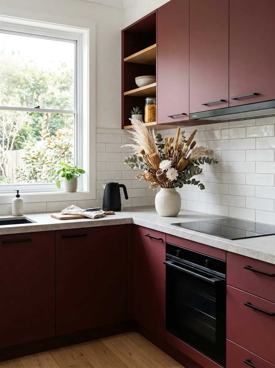 Real-life modern kitchen with matte burgundy cabinets, neatly made slim black handles, organized stone countertop with minimal decor, beautifully arranged single vase with dried flowers, bright natural light, clean lines, vibrant yet sophisticated tones, stock photography style.