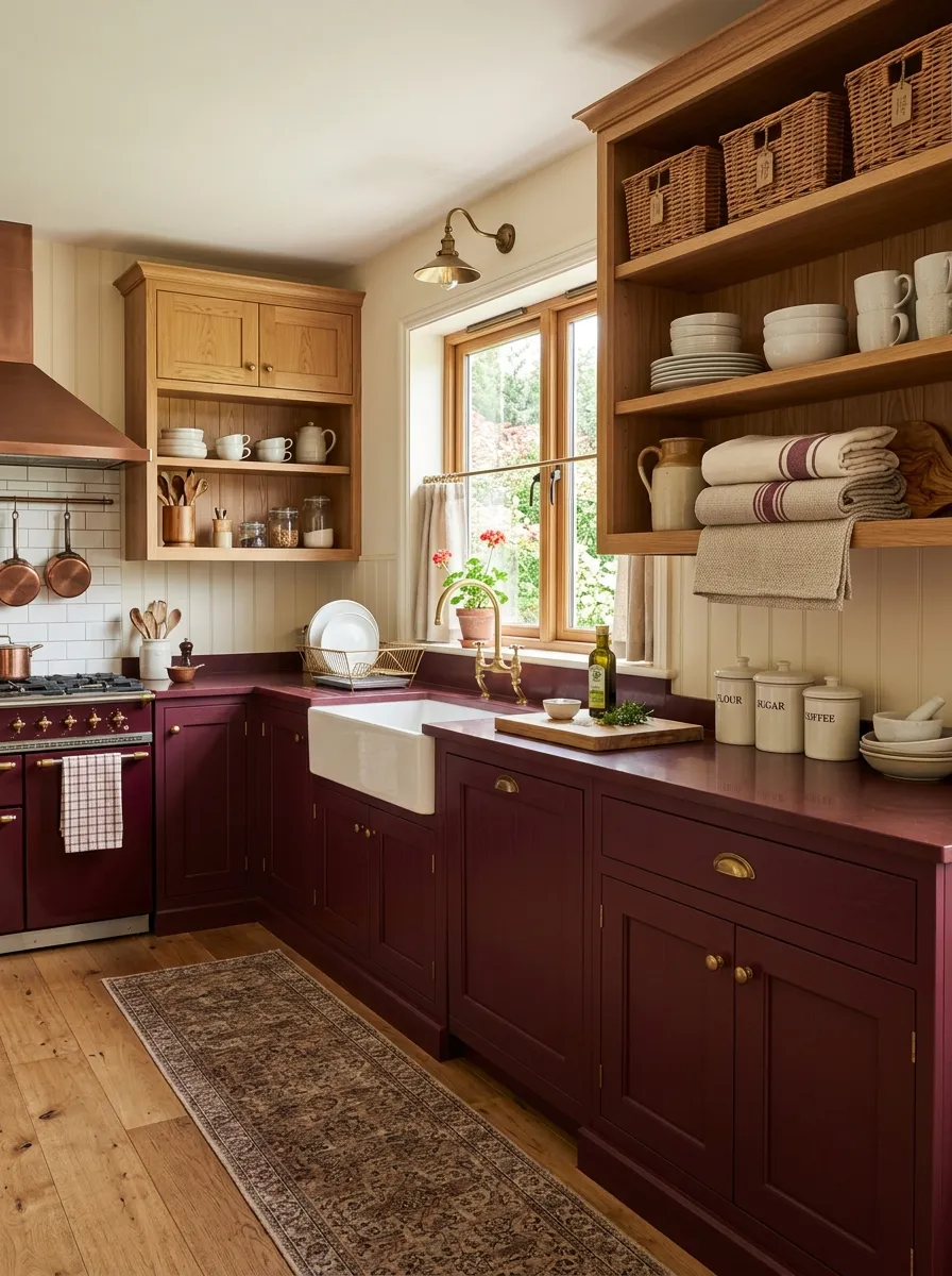 Real-life farmhouse-style kitchen with two-tone burgundy and natural wood cabinets, neatly made open shelves with woven baskets, beautifully arranged linen towels, organized countertop, warm bright natural light, clean and cozy atmosphere, vibrant burgundy tones, stock photography style.